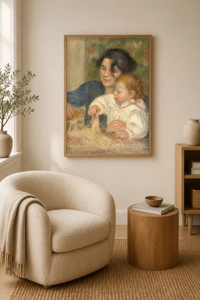 Framed print of Gabrielle and Jean hanging on a wall in a furnished room