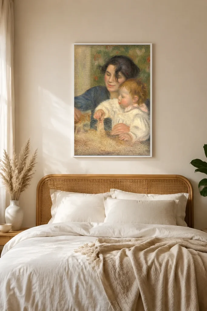 Framed print of Gabrielle and Jean hanging on a wall in a furnished room