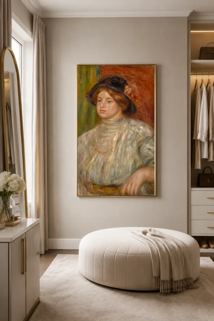 Framed print of Gabrielle au chapeau hanging on a wall in a furnished room
