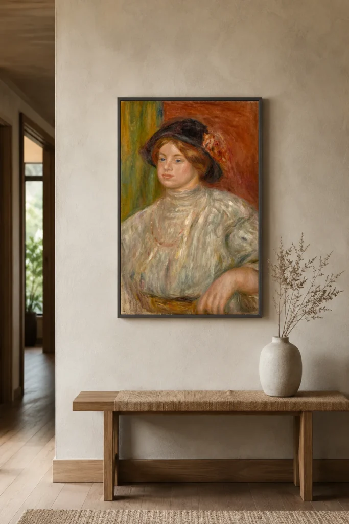 Framed print of Gabrielle au chapeau hanging on a wall in a furnished room