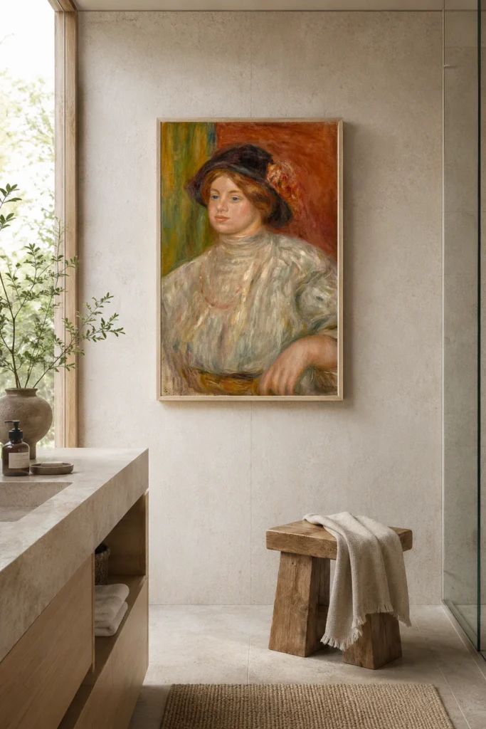 Framed print of Gabrielle au chapeau hanging on a wall in a furnished room