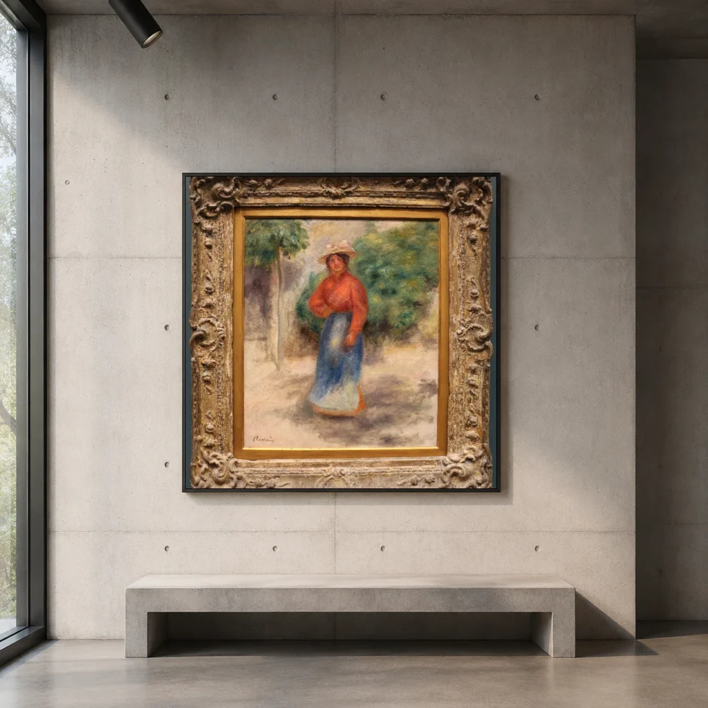 Framed print of Gabrielle in the Garden hanging on a wall in a furnished room