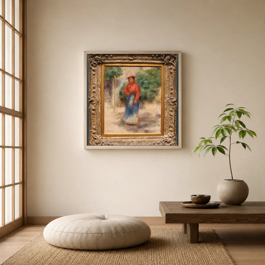 Framed print of Gabrielle in the Garden hanging on a wall in a furnished room