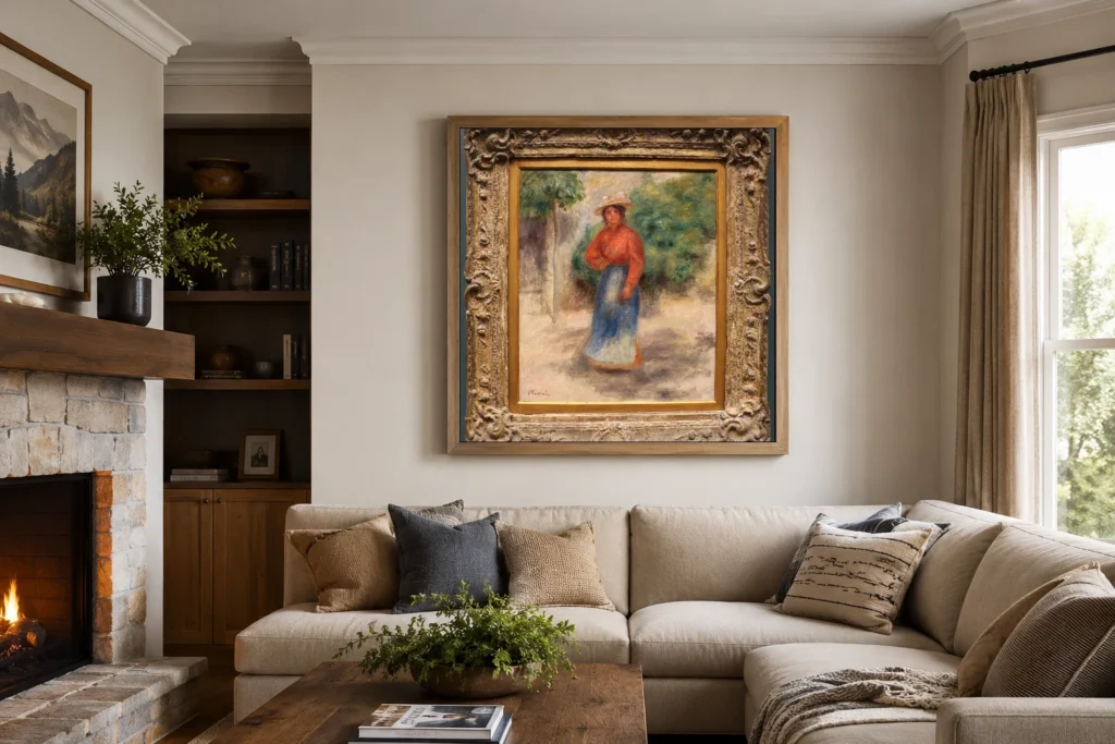 Framed print of Gabrielle in the Garden hanging on a wall in a furnished room