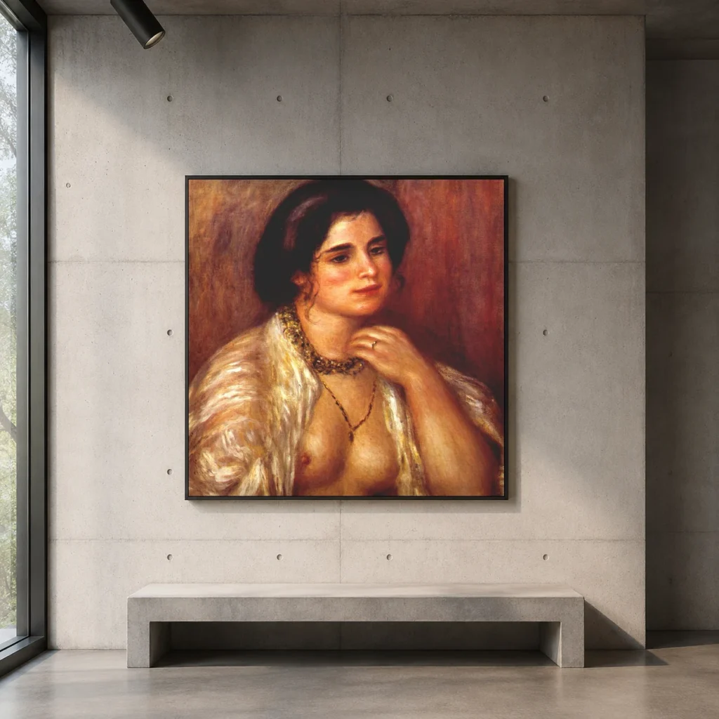 Framed print of Gabrielle with Bare Breasts hanging on a wall in a furnished room