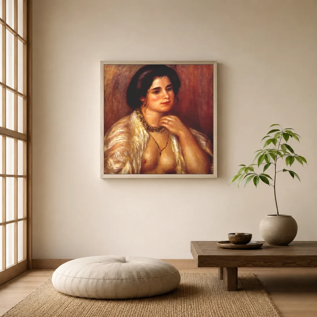 Framed print of Gabrielle with Bare Breasts hanging on a wall in a furnished room