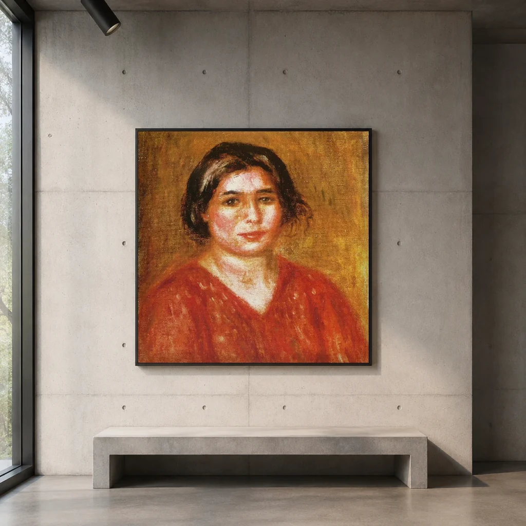 Framed print of Gabrielle in a Red Blouse hanging on a wall in a furnished room