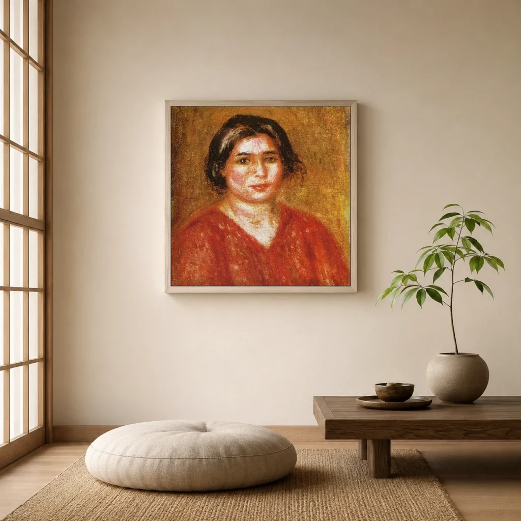 Framed print of Gabrielle in a Red Blouse hanging on a wall in a furnished room