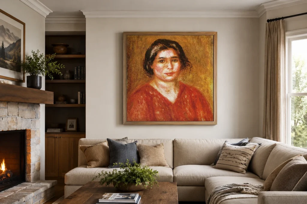 Framed print of Gabrielle in a Red Blouse hanging on a wall in a furnished room