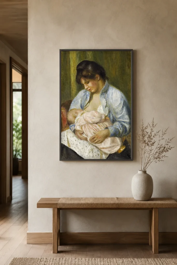 Framed print of A Woman Nursing a Child hanging on a wall in a furnished room