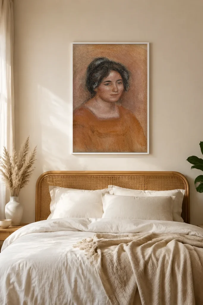 Framed print of Gabrielle in an Orange Dress hanging on a wall in a furnished room