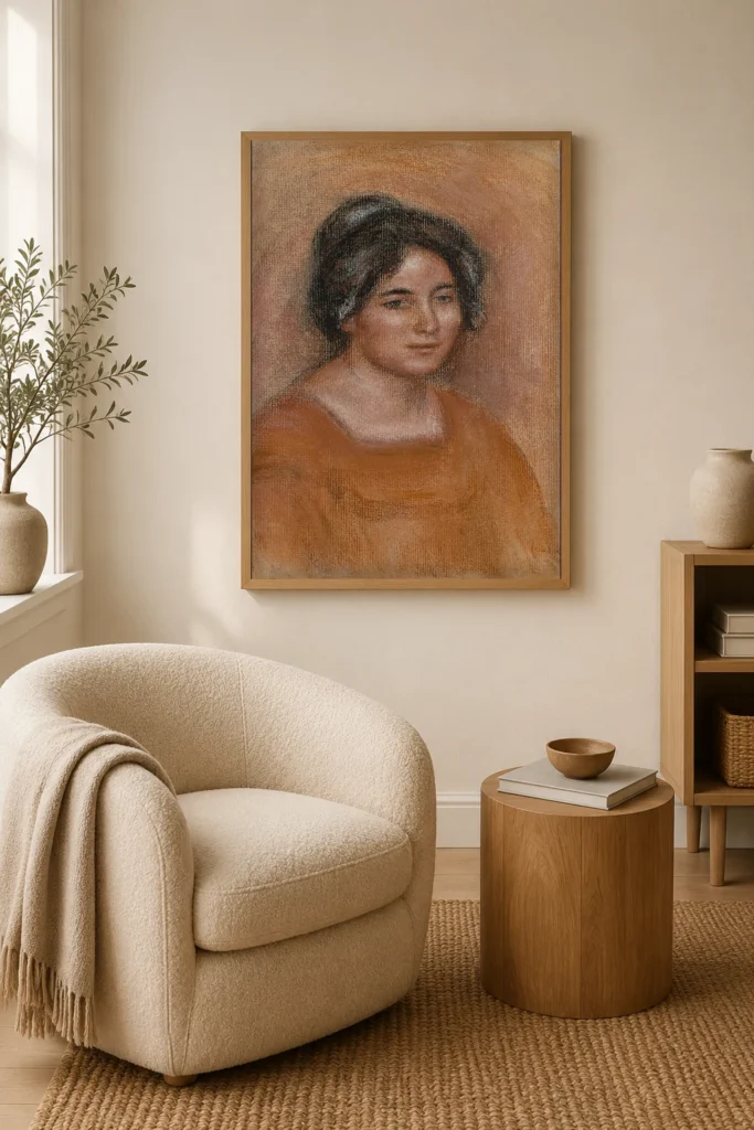 Framed print of Gabrielle in an Orange Dress hanging on a wall in a furnished room