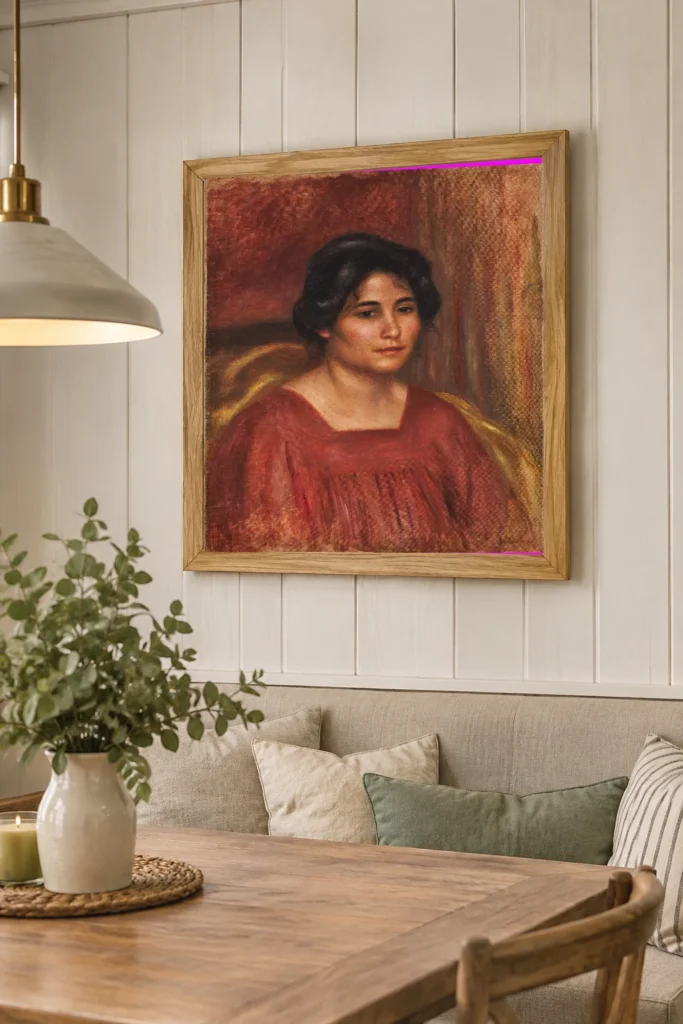 Framed print of Gabrielle in a Red Dress hanging on a wall in a furnished room