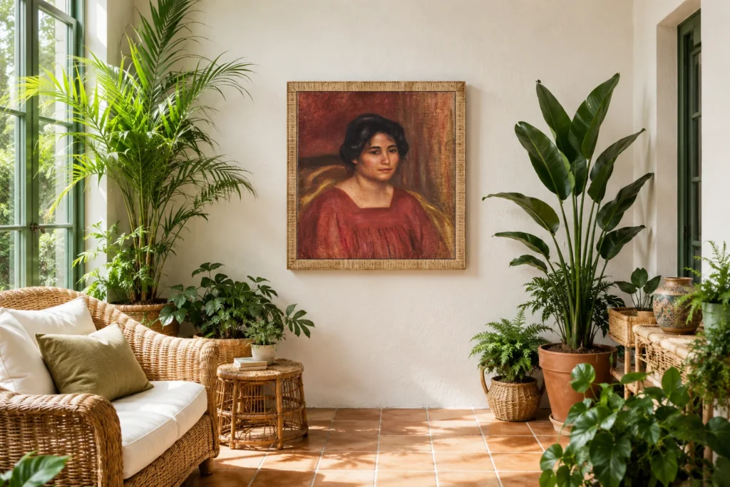 Framed print of Gabrielle in a Red Dress hanging on a wall in a furnished room