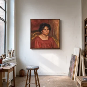 Framed print of Gabrielle in a Red Dress hanging on a wall in a furnished room