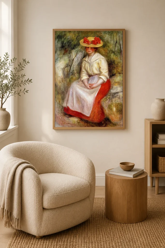 Framed print of Gabrielle in a straw hat hanging on a wall in a furnished room