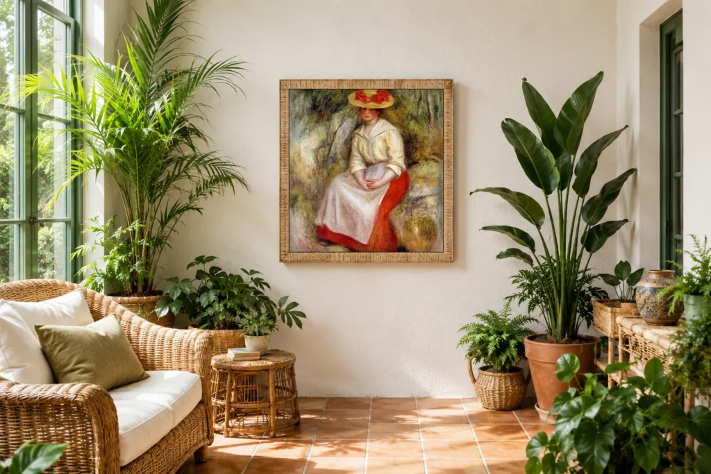 Framed print of Gabrielle in a straw hat hanging on a wall in a furnished room