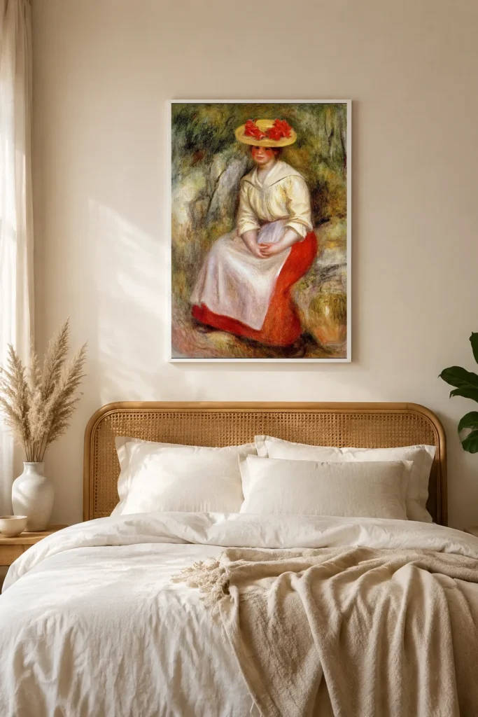 Framed print of Gabrielle in a straw hat hanging on a wall in a furnished room