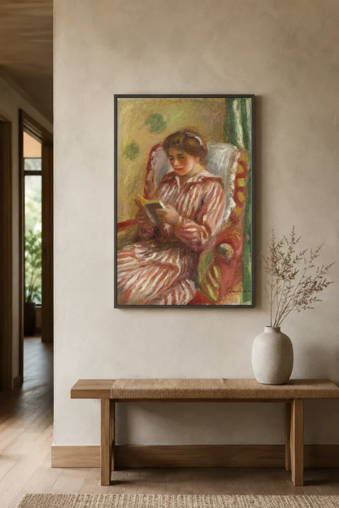 Framed print of Gabrielle Reading hanging on a wall in a furnished room
