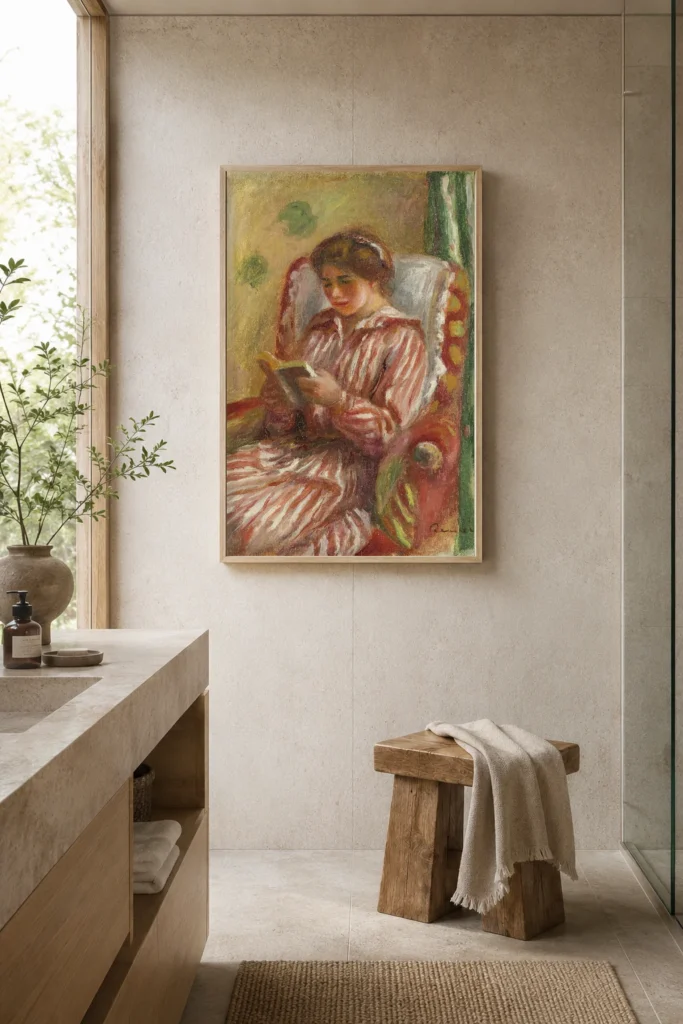 Framed print of Gabrielle Reading hanging on a wall in a furnished room