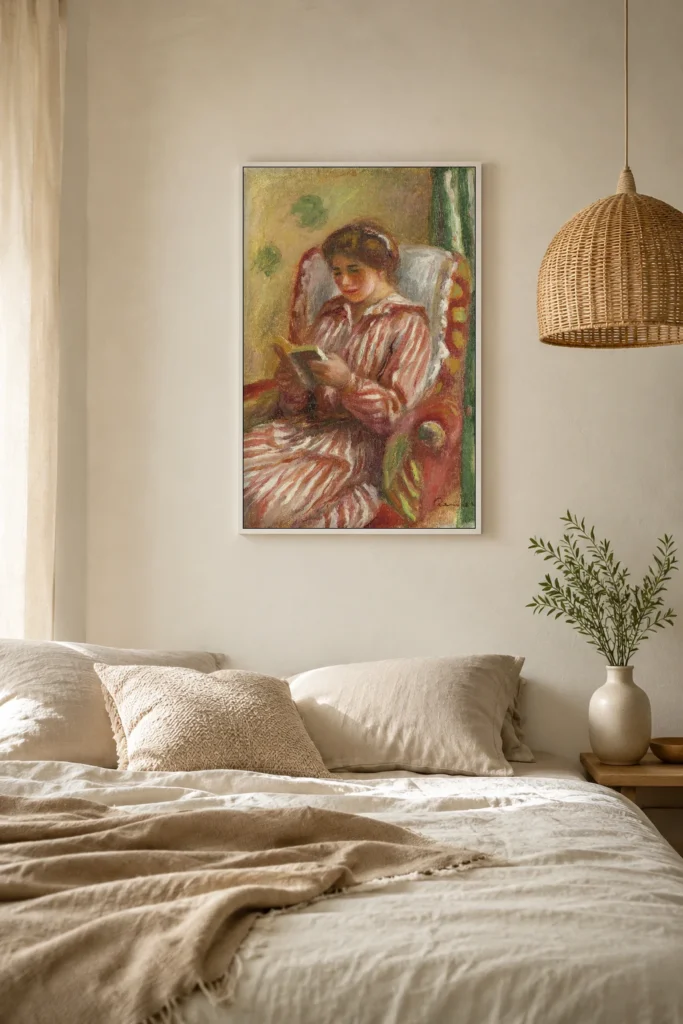 Framed print of Gabrielle Reading hanging on a wall in a furnished room