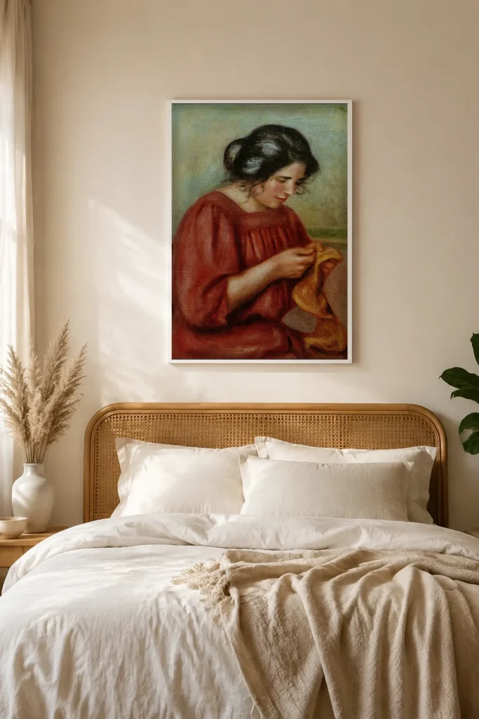 Framed print of Gabrielle mending hanging on a wall in a furnished room