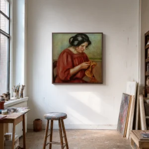 Framed print of Gabrielle mending hanging on a wall in a furnished room