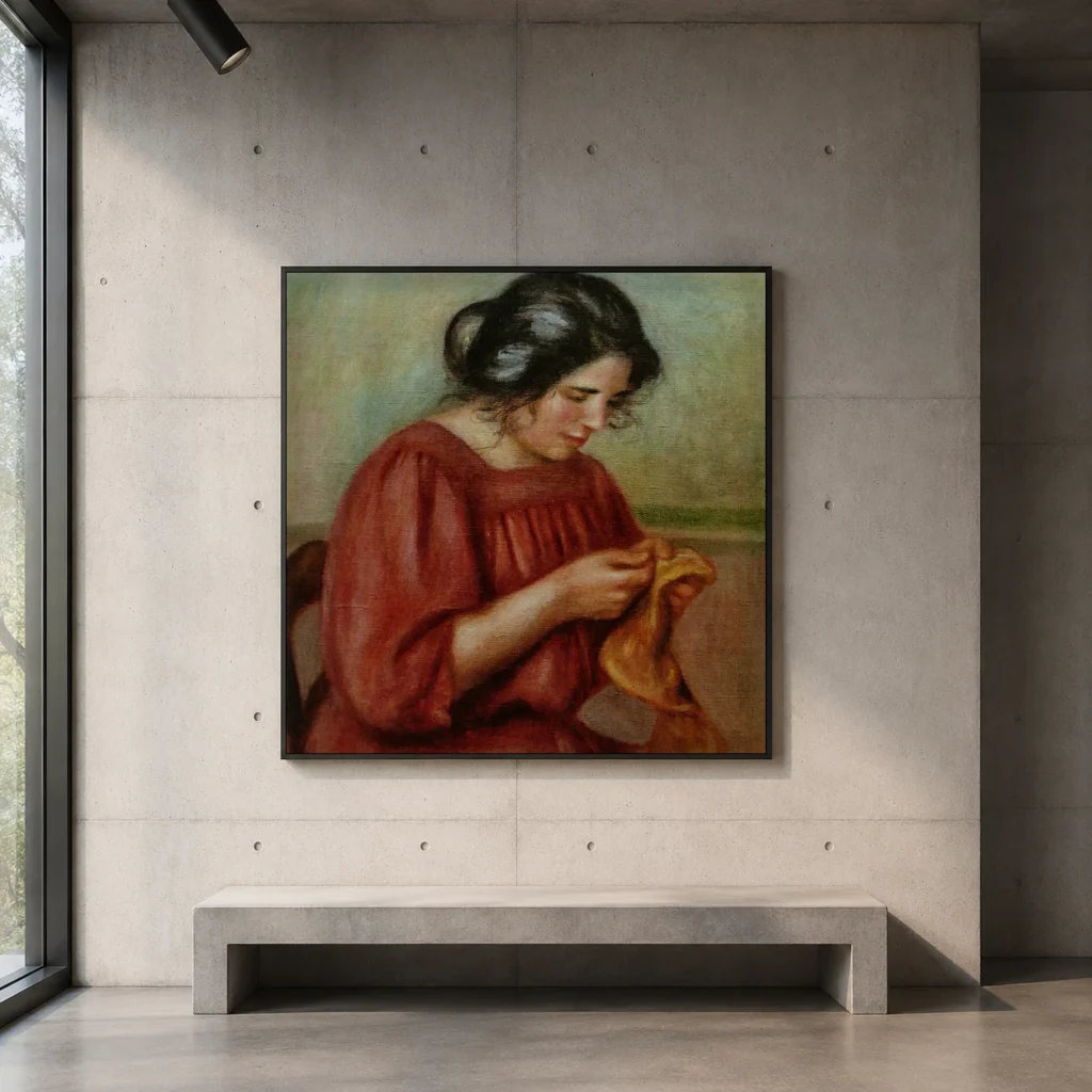 Framed print of Gabrielle mending hanging on a wall in a furnished room