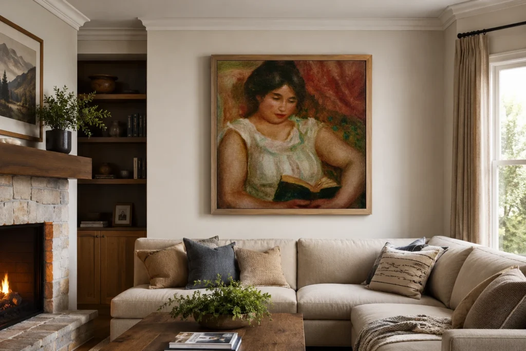 Framed print of Gabrielle reading hanging on a wall in a furnished room