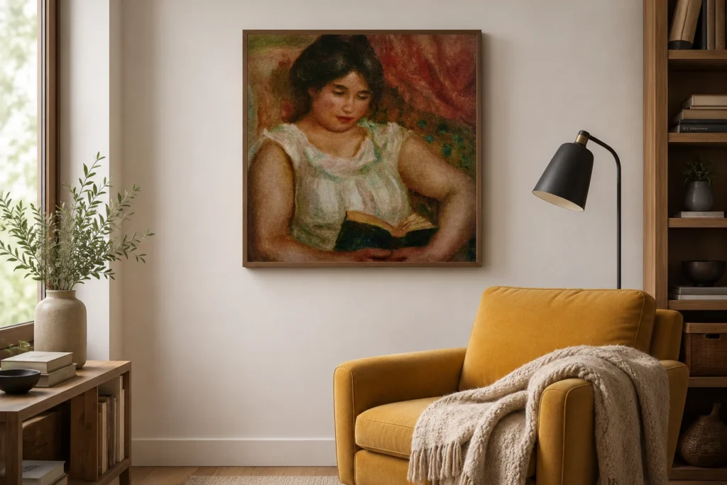 Framed print of Gabrielle reading hanging on a wall in a furnished room