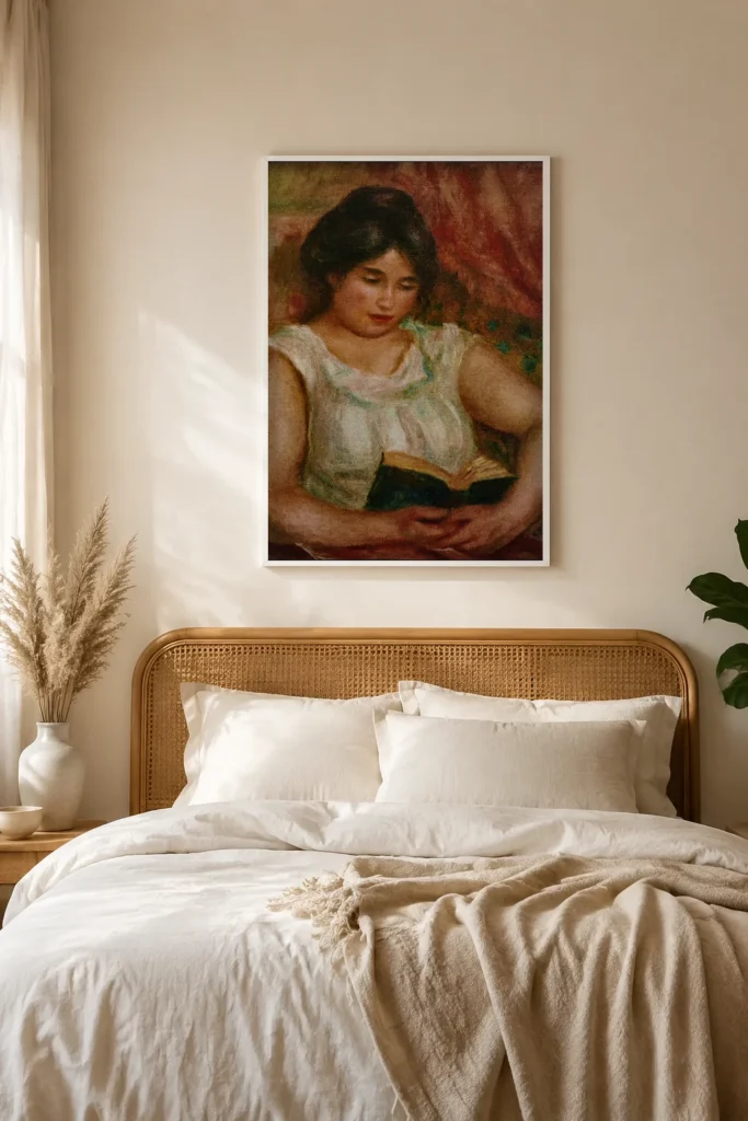 Framed print of Gabrielle reading hanging on a wall in a furnished room