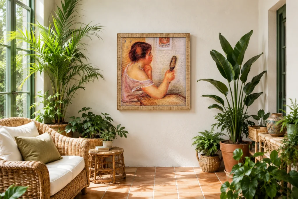 Framed print of Gabrielle Holding a Mirror with a Portrait of Coco hanging on a wall in a furnished room