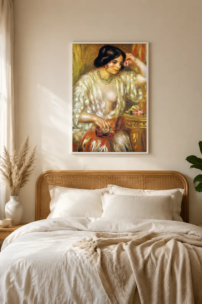 Framed print of Gabrielle with Jewellery hanging on a wall in a furnished room