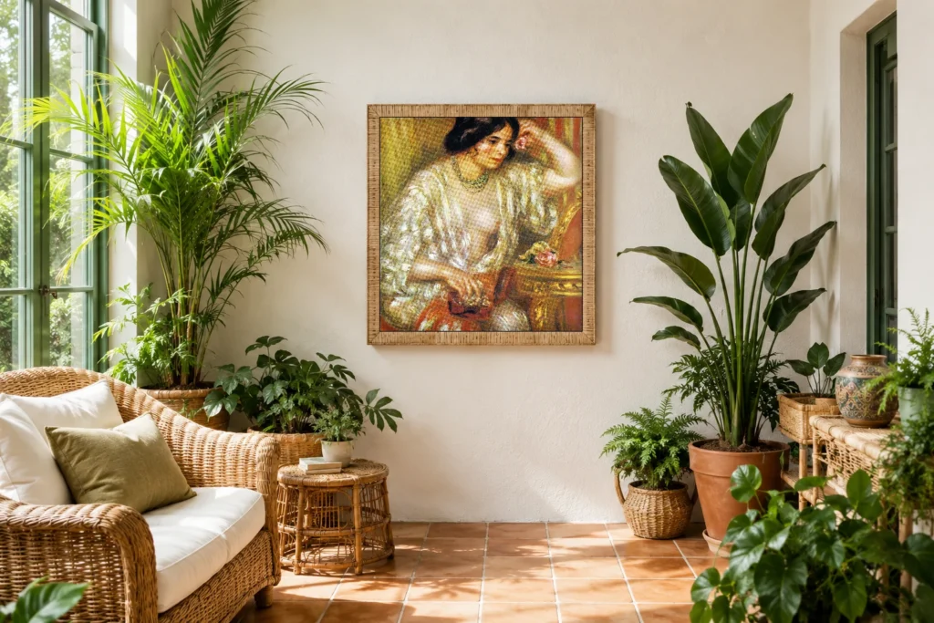 Framed print of Gabrielle with Jewellery hanging on a wall in a furnished room