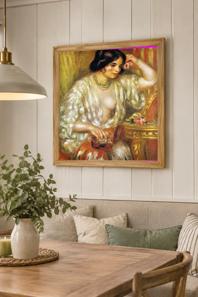 Framed print of Gabrielle with Jewellery hanging on a wall in a furnished room