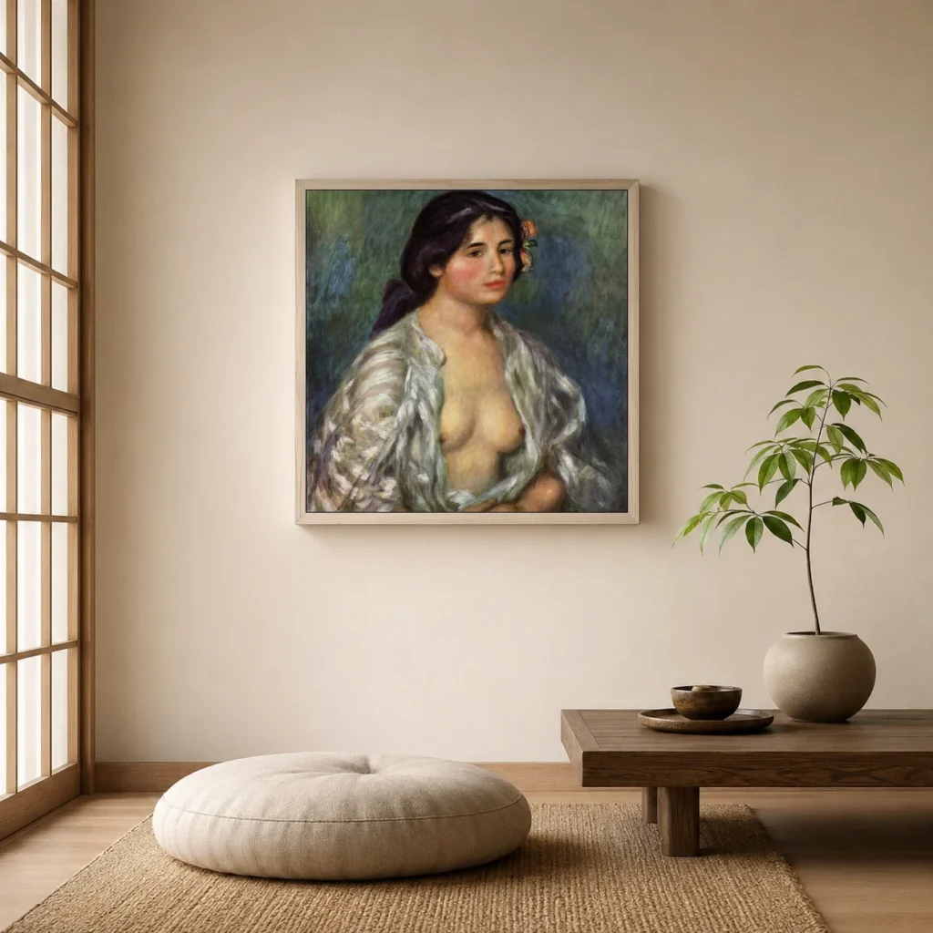 Framed print of Gabrielle with Open Blouse hanging on a wall in a furnished room