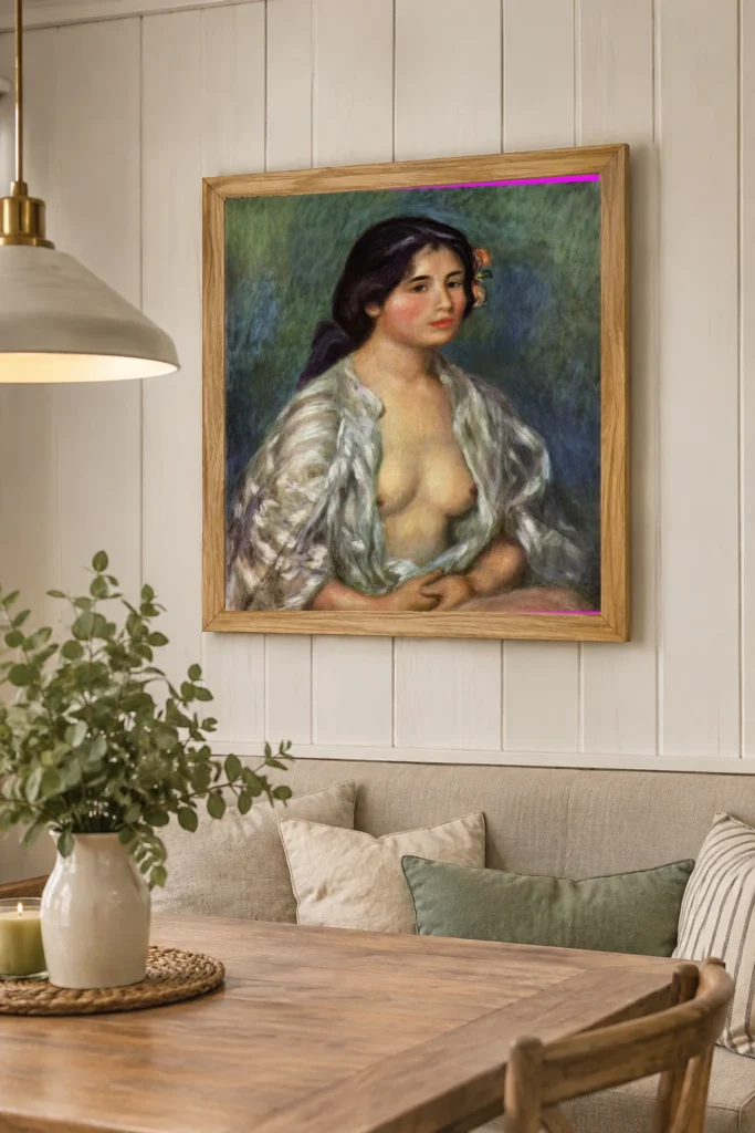 Framed print of Gabrielle with Open Blouse hanging on a wall in a furnished room