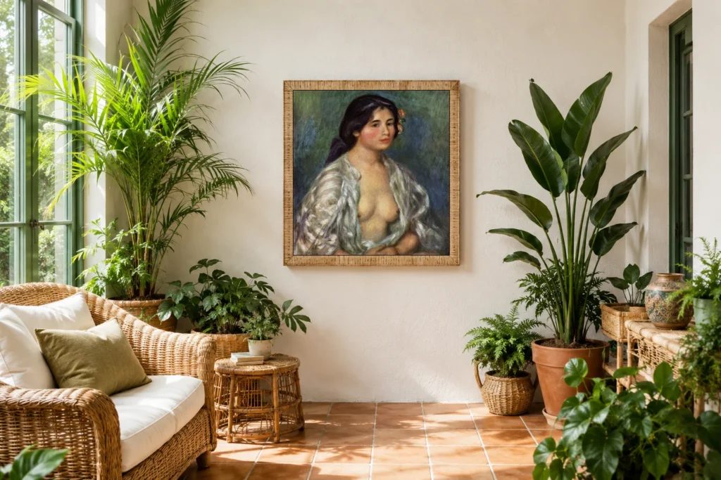 Framed print of Gabrielle with Open Blouse hanging on a wall in a furnished room