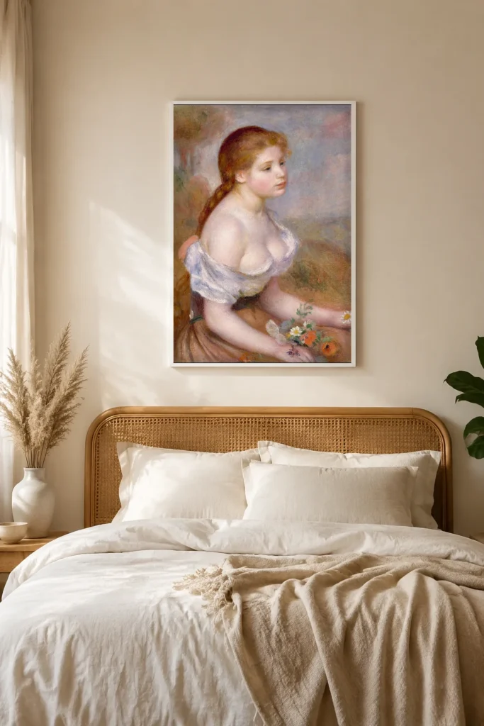Framed print of A Young Girl with Daisies hanging on a wall in a furnished room