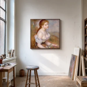 Framed print of A Young Girl with Daisies hanging on a wall in a furnished room
