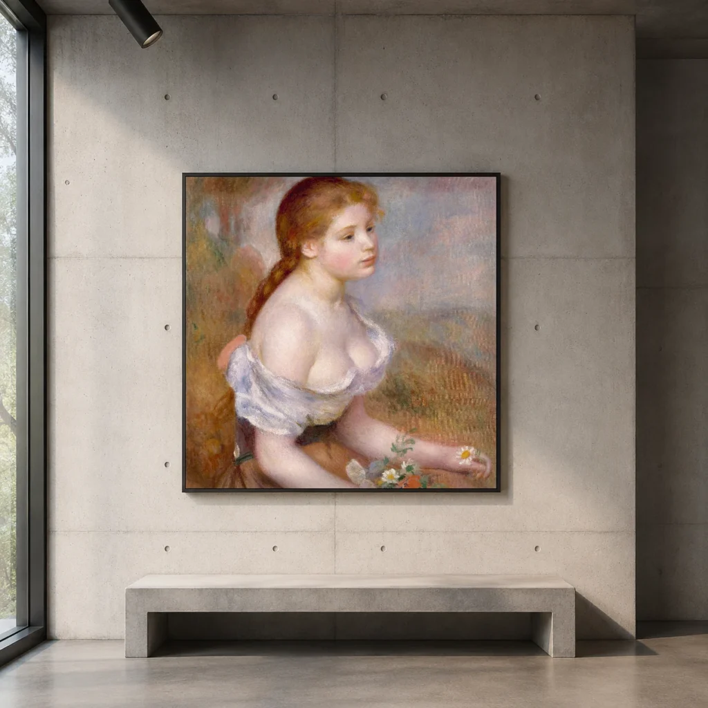 Framed print of A Young Girl with Daisies hanging on a wall in a furnished room