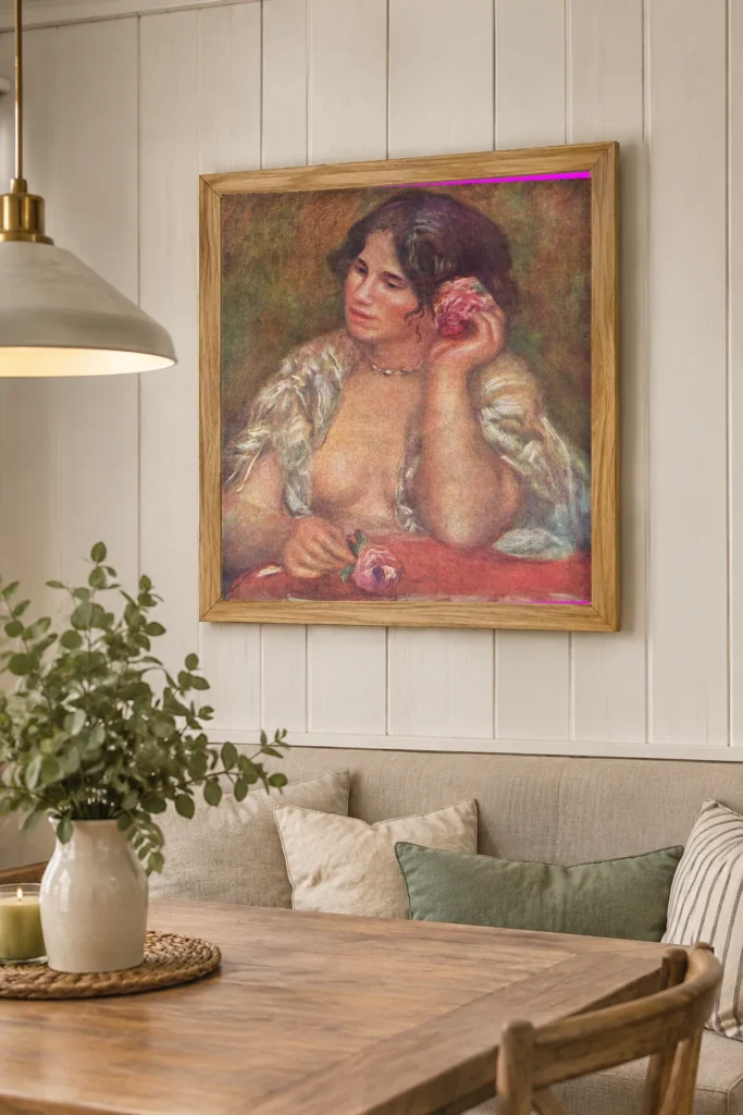 Framed print of Gabrielle à la rose hanging on a wall in a furnished room