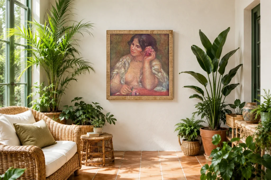 Framed print of Gabrielle à la rose hanging on a wall in a furnished room
