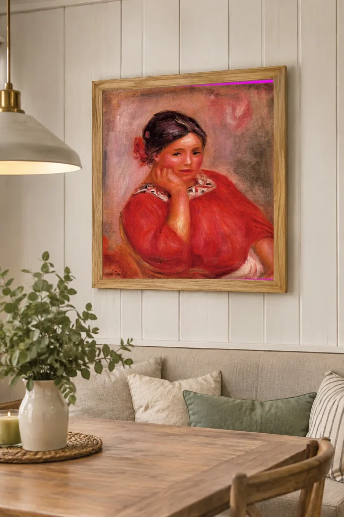 Framed print of Gabrielle with a Rose in a Red Blouse hanging on a wall in a furnished room