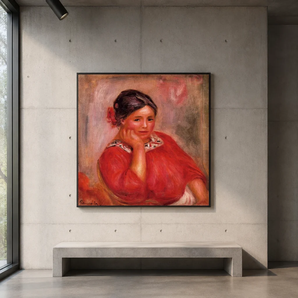 Framed print of Gabrielle with a Rose in a Red Blouse hanging on a wall in a furnished room