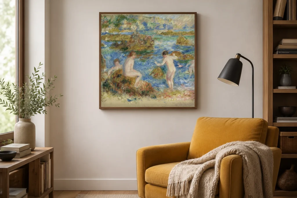 Framed print of Naked Boys in the Rocks at Guernsey hanging on a wall in a furnished room