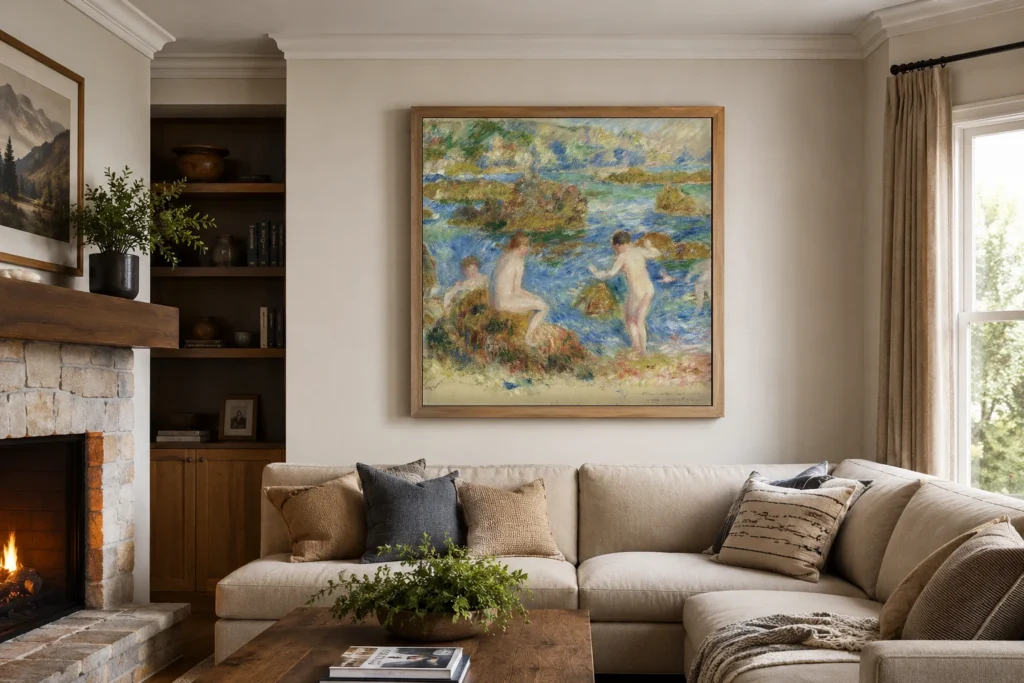 Framed print of Naked Boys in the Rocks at Guernsey hanging on a wall in a furnished room
