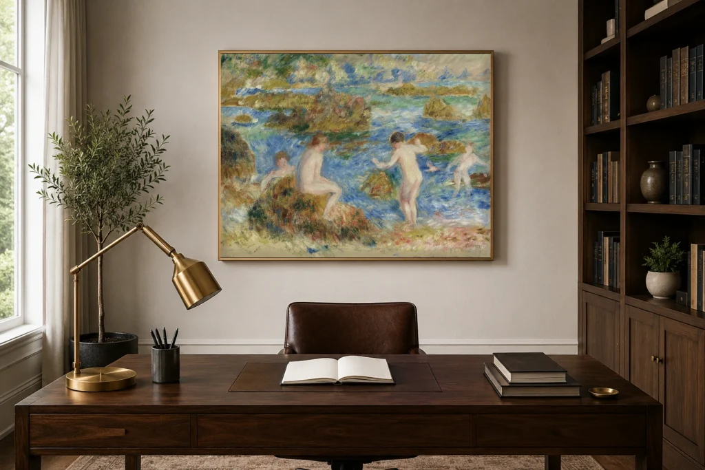 Framed print of Naked Boys in the Rocks at Guernsey hanging on a wall in a furnished room