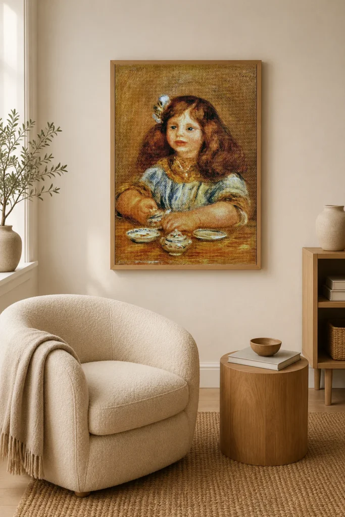 Framed print of Geneviève Bernheim de Villers hanging on a wall in a furnished room