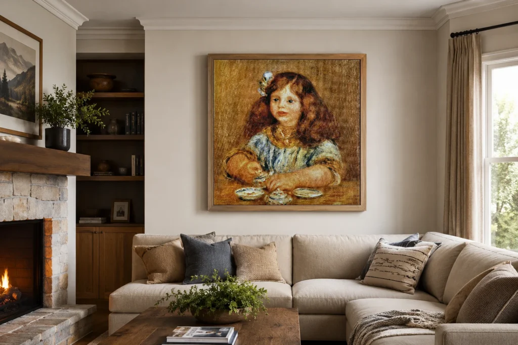 Framed print of Geneviève Bernheim de Villers hanging on a wall in a furnished room